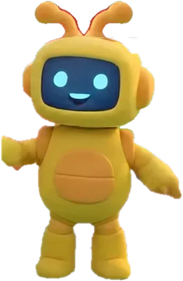 Yellow, a yellow robot with two curly antennae, waving hello.