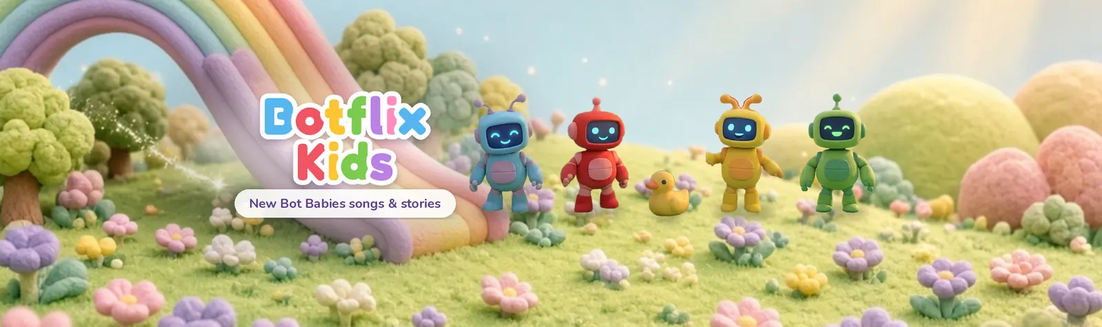 Botflix Kids: BeepBlue, Red, Yellow, Green and Quacky the duck standing in a sunny flower meadow next to a big rainbow slide.